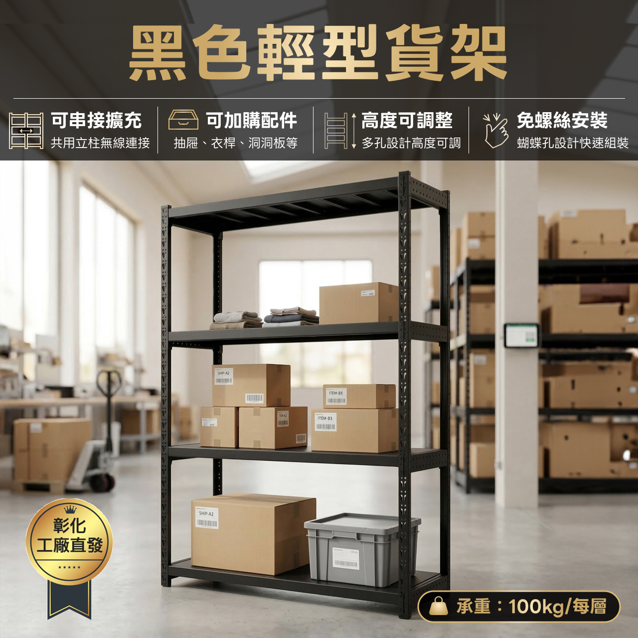 1.5m 輕倉貨架可自由串接，高載重、方便理貨、適合網拍賣家、家庭倉庫收納、越串越省CP值爆表！